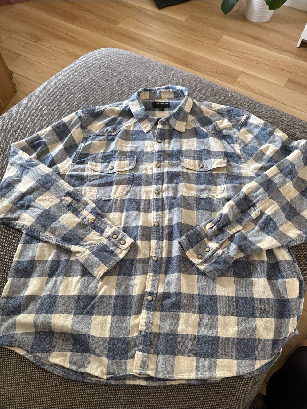 Lucky Brand Blue and Cream Buffalo Check Button-Down Shirt